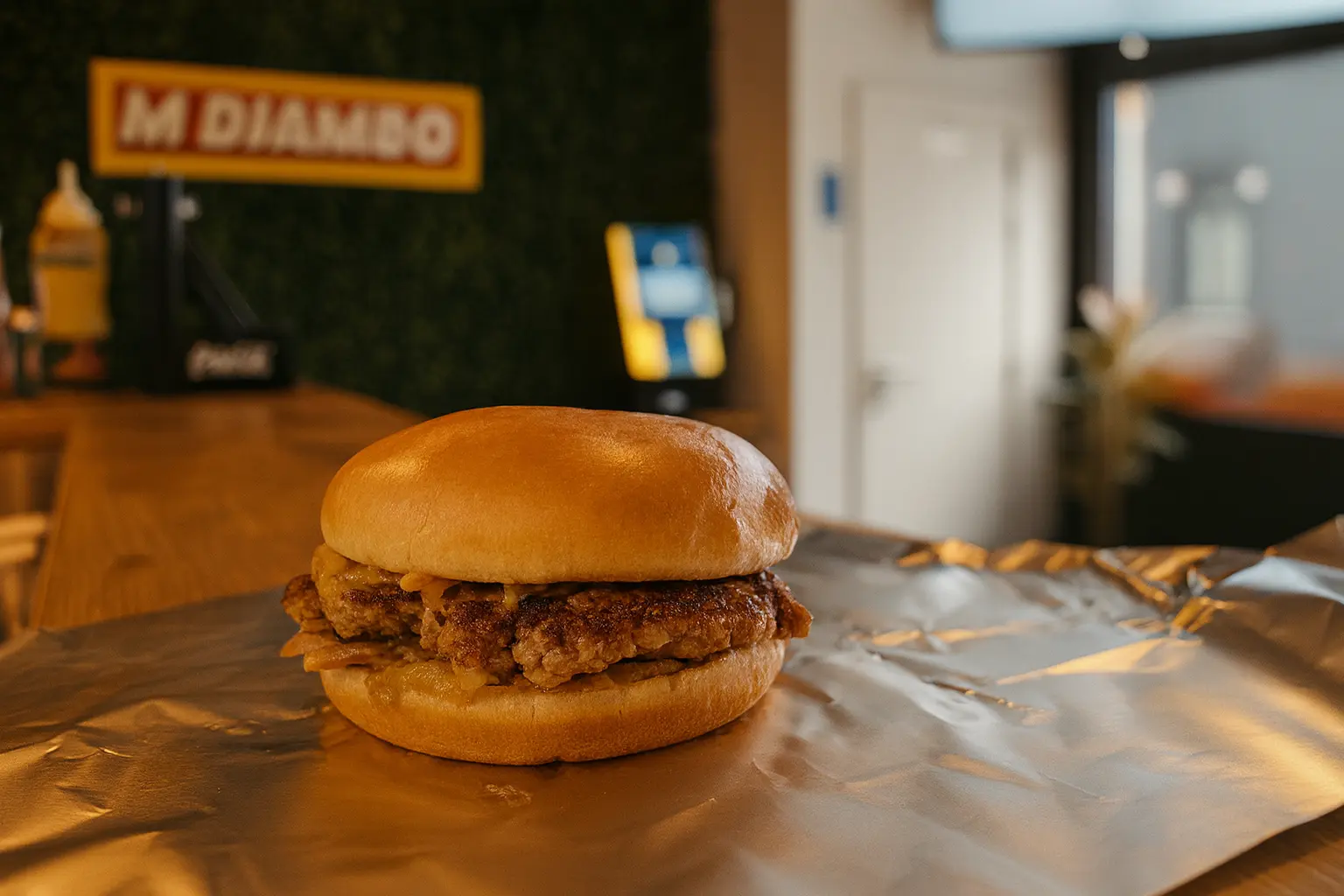Chicken smash burger croustillant MDjambo sur plancha avec pain brioche doré