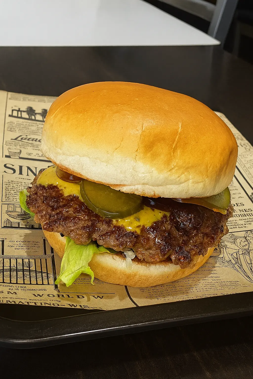 Smashburger classique MDjambo avec cornichons, fromage cheddar et sauce signature
